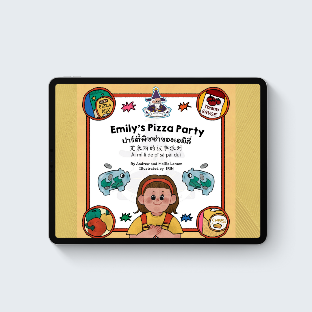 Emily’s Pizza Party trilingual financial literacy e-book for kids ages 2–10 teaching saving, spending, and smart money choices