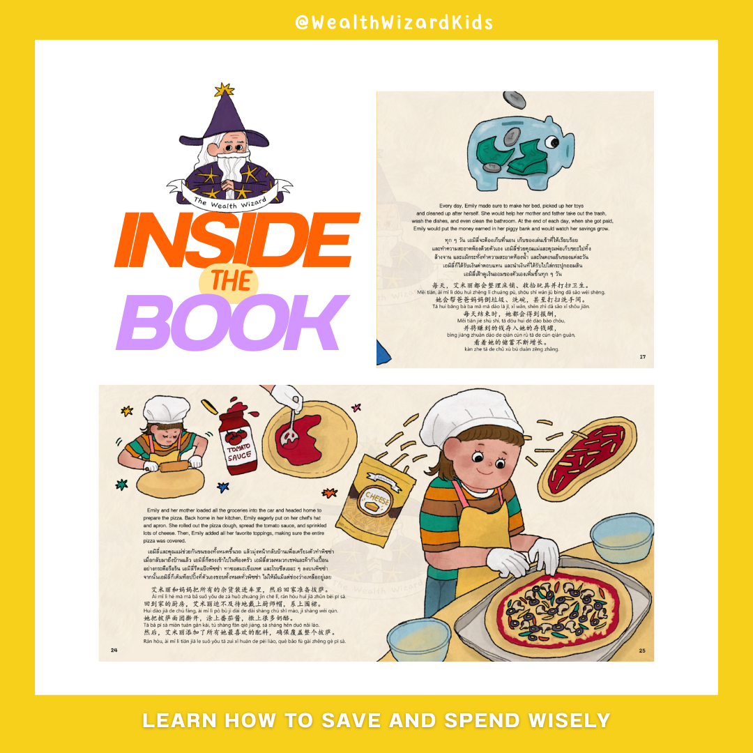 Illustrated kids money storybook scene teaching children about saving, spending, and needs vs wants through a fun pizza story